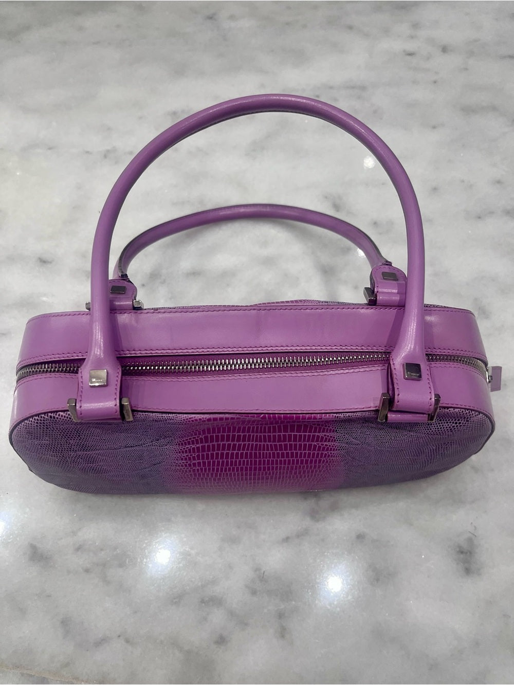 Salvatore Ferragamo Tejus Lizard Purple Shoulder Bag - Vintage (80’s/90’s) — collectible designer bag material closeup