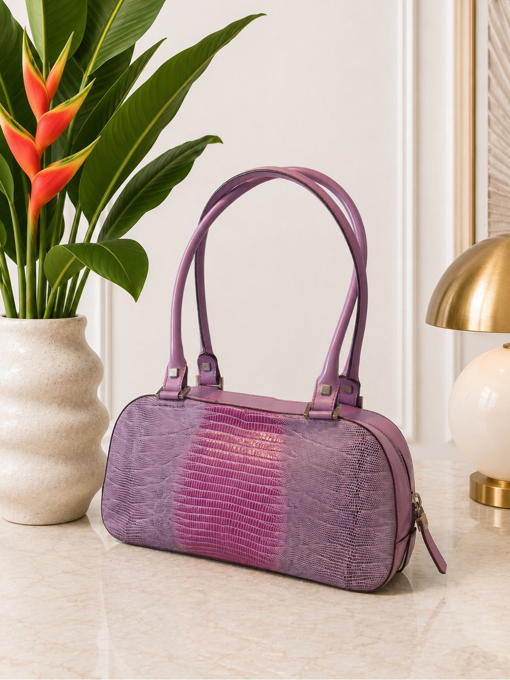 Salvatore Ferragamo Tejus Lizard Purple Shoulder Bag - Vintage (80’s/90’s) — designer exotic leather handbag silhouette
