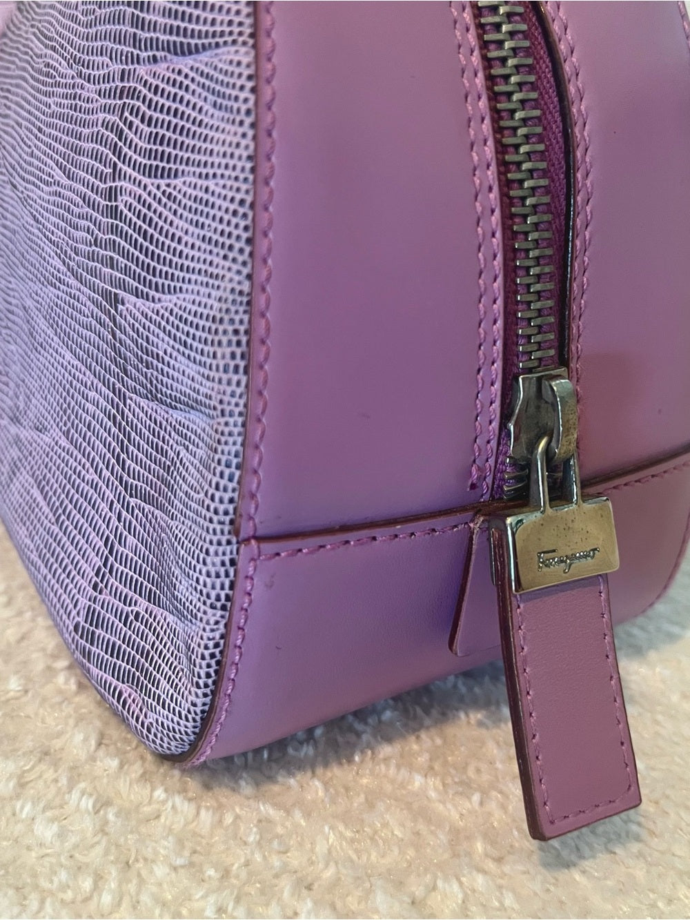 Salvatore Ferragamo Tejus Lizard Purple Shoulder Bag - Vintage (80’s/90’s) — signature designer hardware and metalwork