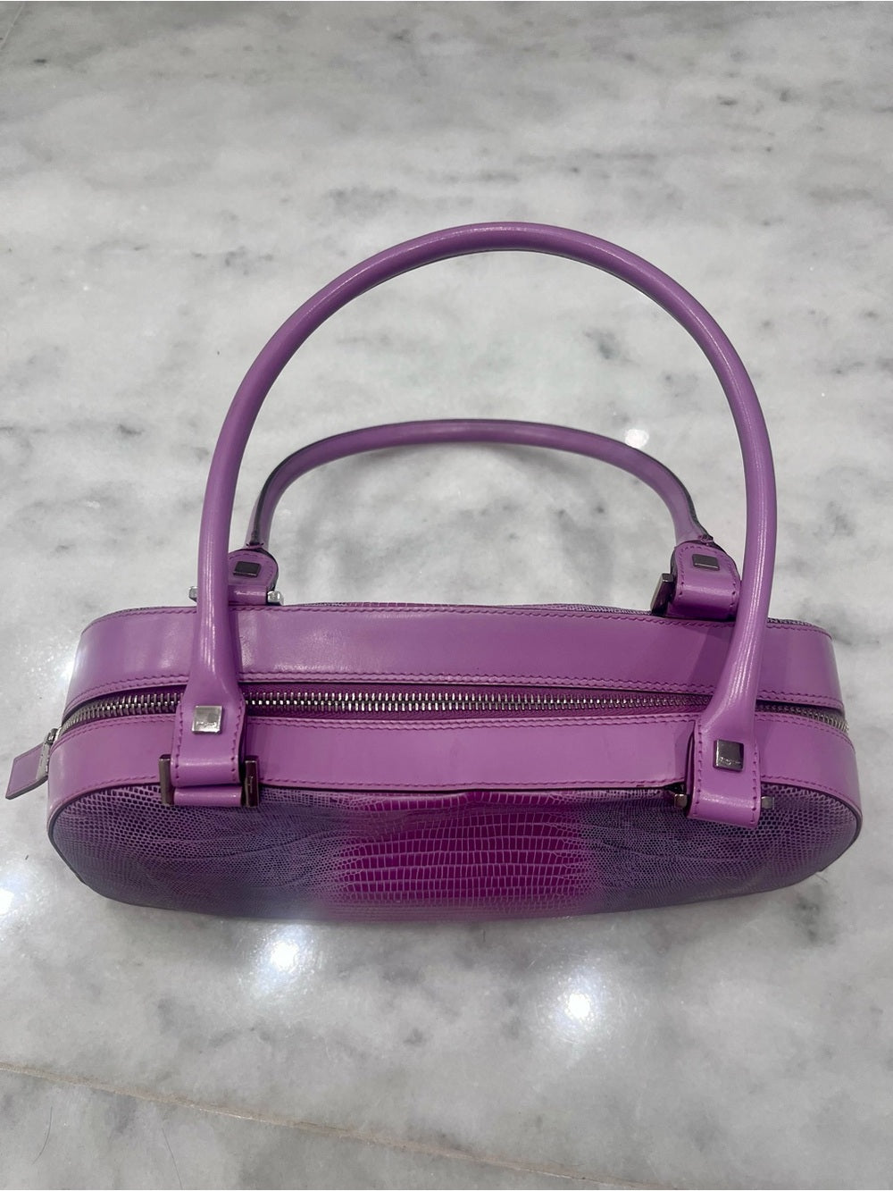 Salvatore Ferragamo Tejus Lizard Purple Shoulder Bag - Vintage (80’s/90’s) — interior pocket and designer label