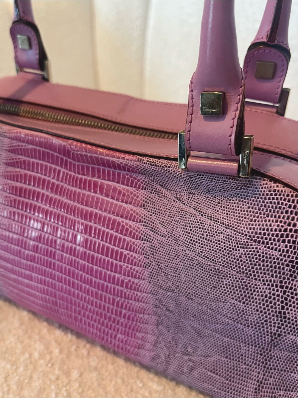Salvatore Ferragamo Tejus Lizard Purple Shoulder Bag - Vintage (80’s/90’s) — top handle and shoulder strap attachment