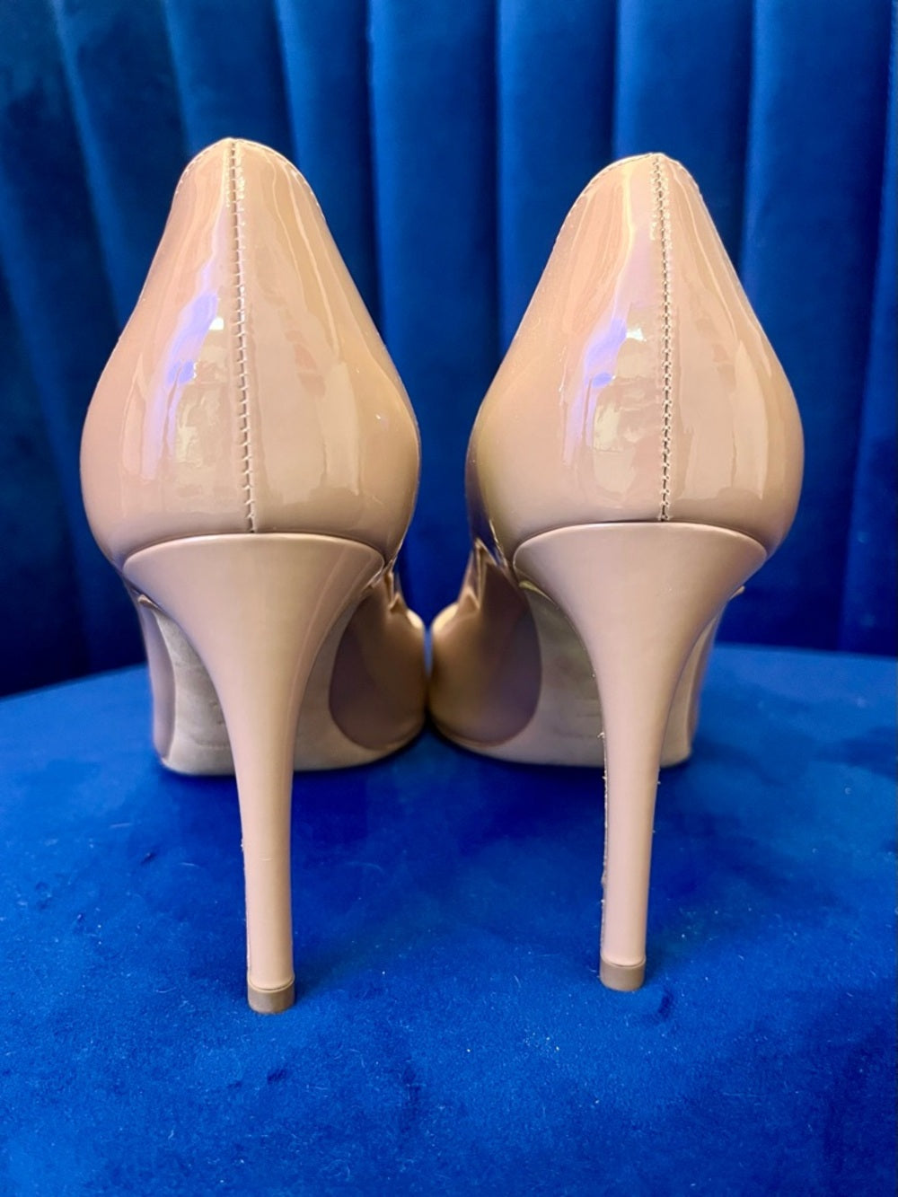 Sergio Rossi Patent Rounded-Toe Stiletto Heels in Nude - Size 36.5 — designer insole branding and footbed