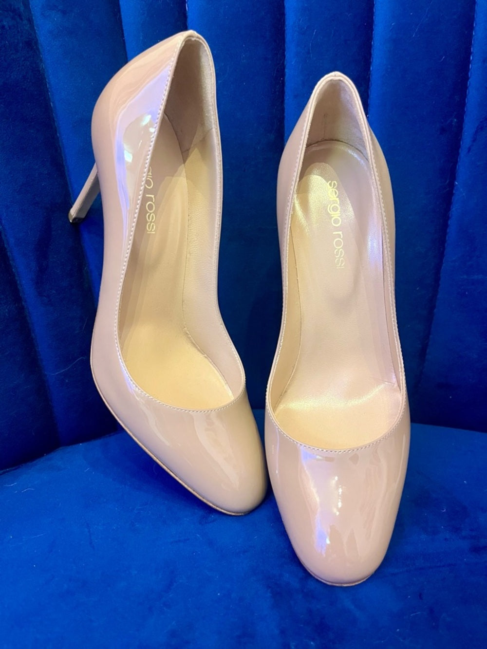 Sergio Rossi Patent Rounded-Toe Stiletto Heels in Nude - Size 36.5 — statement shoe color and texture