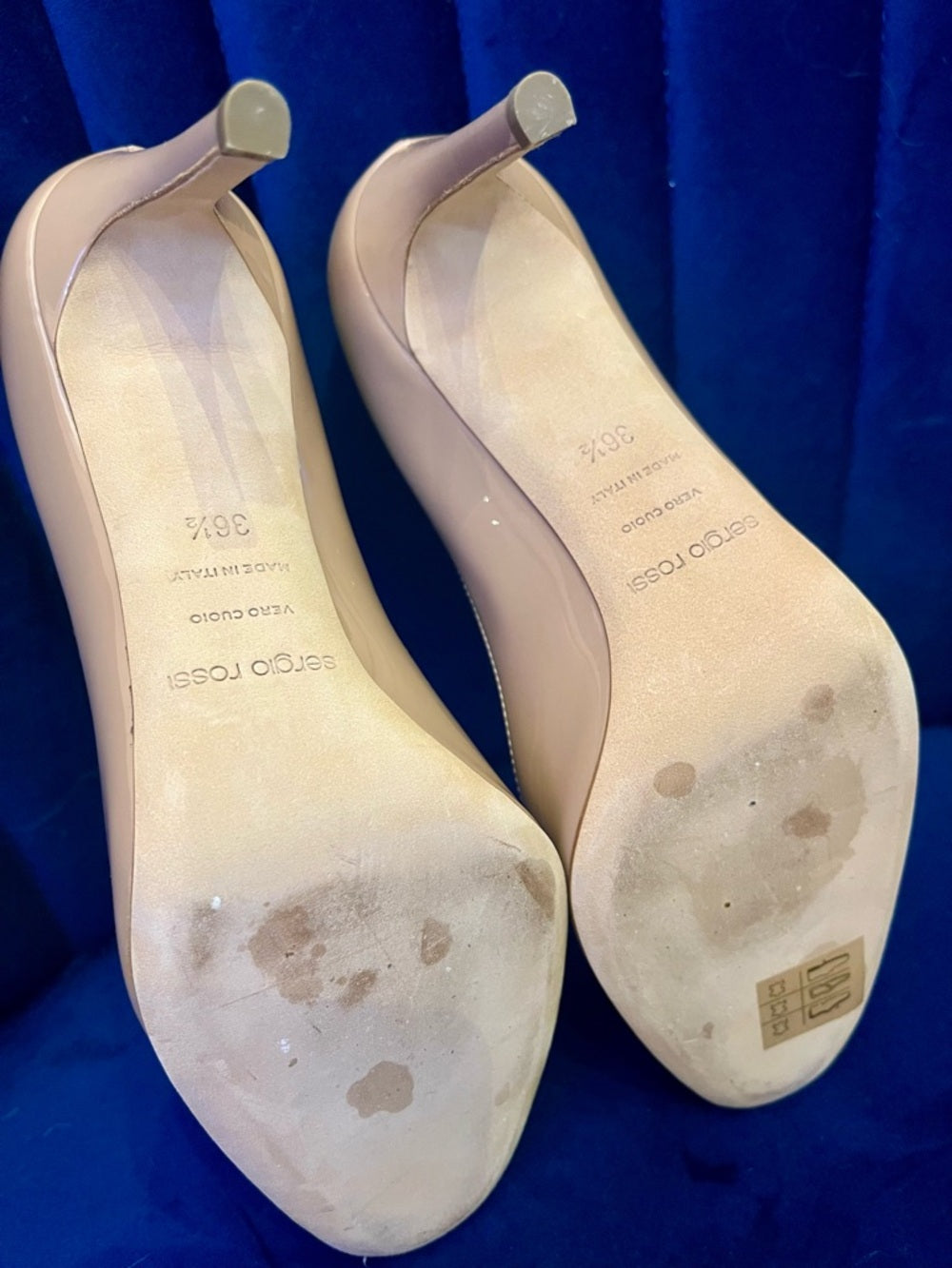 Sergio Rossi Patent Rounded-Toe Stiletto Heels in Nude - Size 36.5 — high heel side profile and proportions