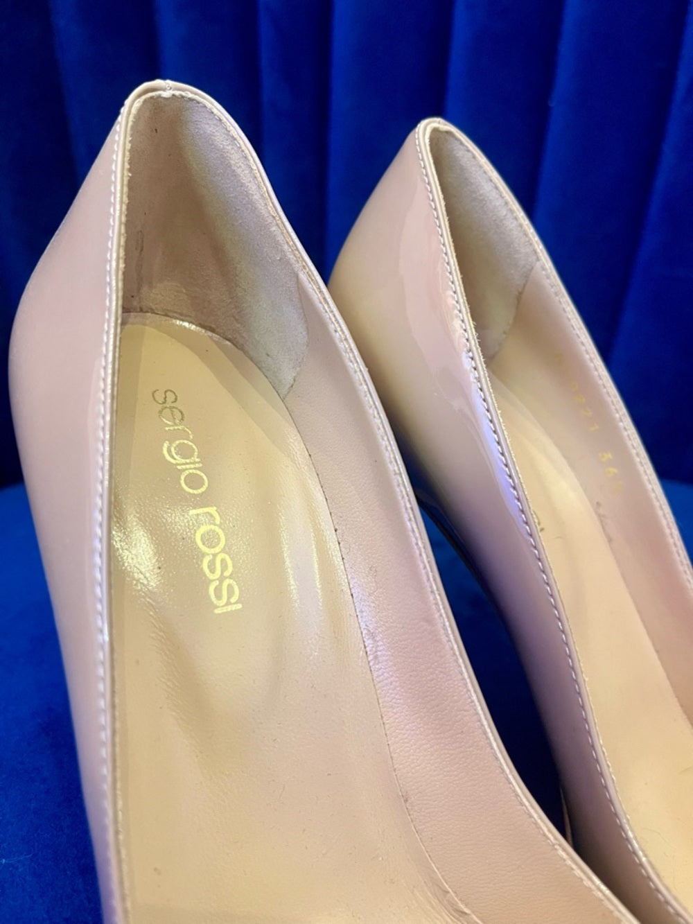 Sergio Rossi Patent Rounded-Toe Stiletto Heels in Nude - Size 36.5 — ankle strap buckle and fastening