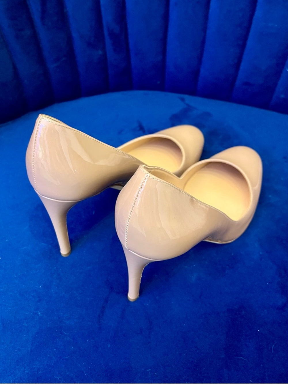 Sergio Rossi Patent Rounded-Toe Stiletto Heels in Nude - Size 36.5 — heel tip and sole detail