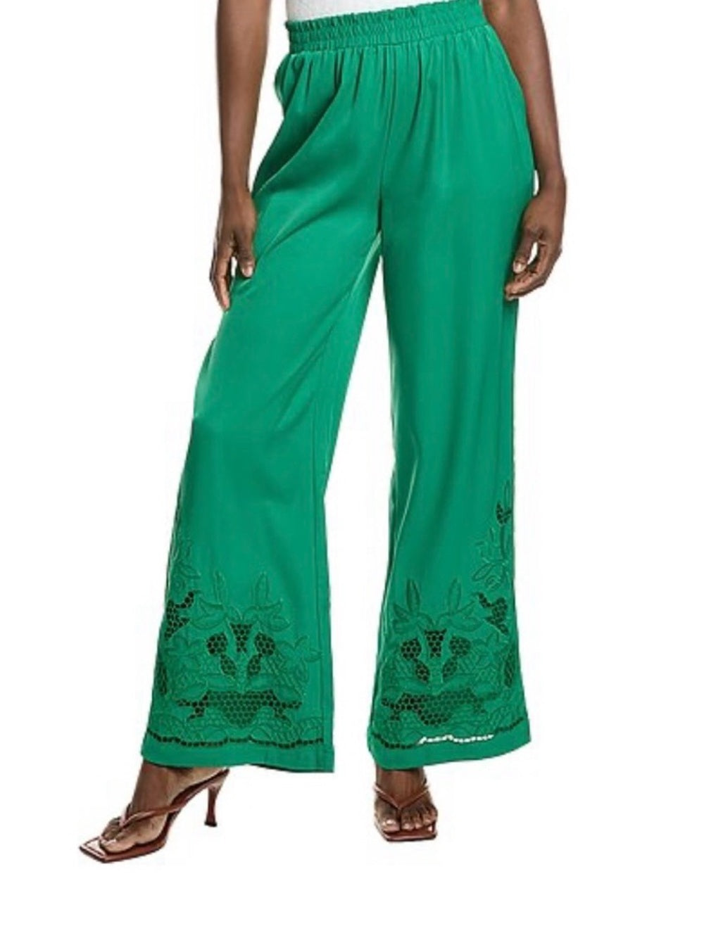 Smocked-Waist Wide Leg Pants in Emerald Green with Embroidered Hem — waist shaping and draped construction