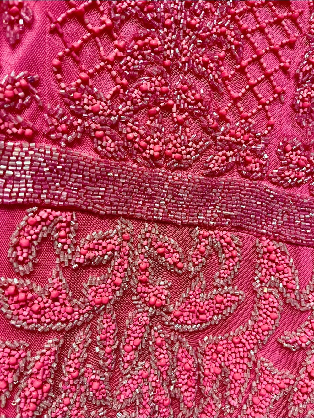 Statement Hot Pink Beaded Mini Dress Open Back, Crystal Lace, Bodycon - 0/S — hemline and garment finish