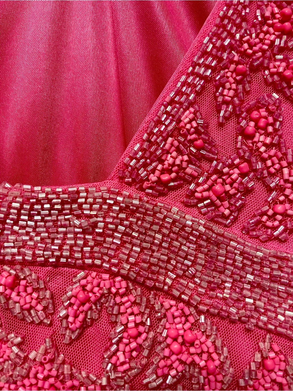 Statement Hot Pink Beaded Mini Dress Open Back, Crystal Lace, Bodycon - 0/S — designer label and garment branding