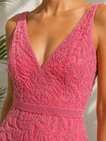 Statement Hot Pink Beaded Mini Dress Open Back, Crystal Lace, Bodycon - 0/S — designer garment full silhouette and fit