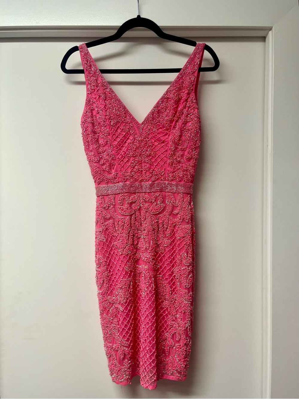 Statement Hot Pink Beaded Mini Dress Open Back, Crystal Lace, Bodycon - 0/S — statement outfit shape and movement