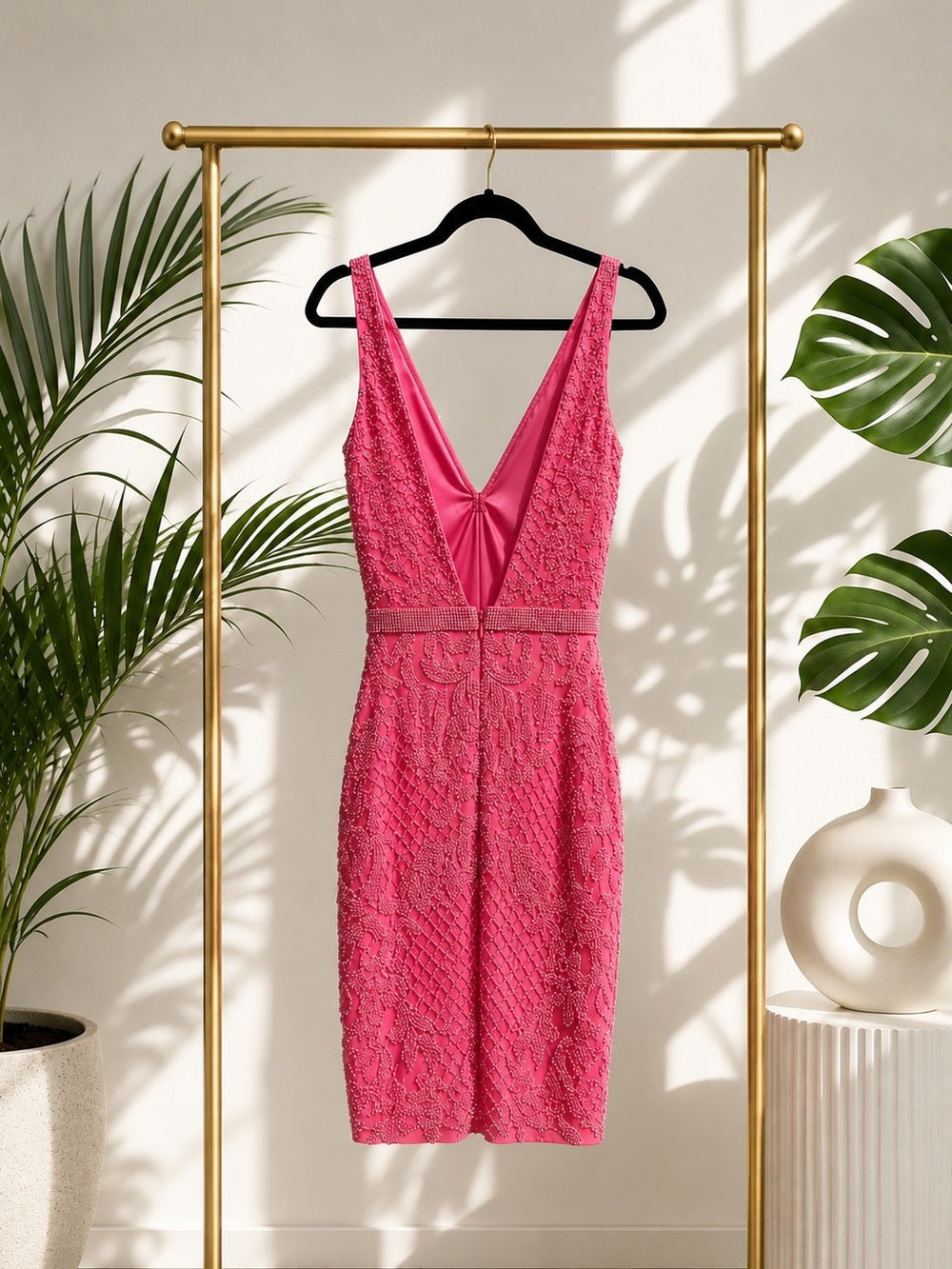 Statement Hot Pink Beaded Mini Dress Open Back, Crystal Lace, Bodycon - 0/S — neckline bodice and shoulder detail