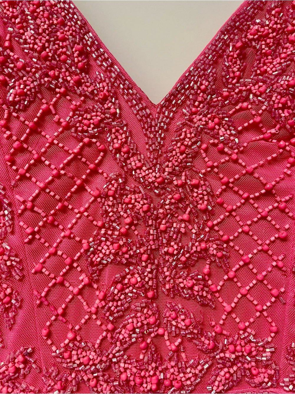 Statement Hot Pink Beaded Mini Dress Open Back, Crystal Lace, Bodycon - 0/S — embellishment embroidery or print closeup