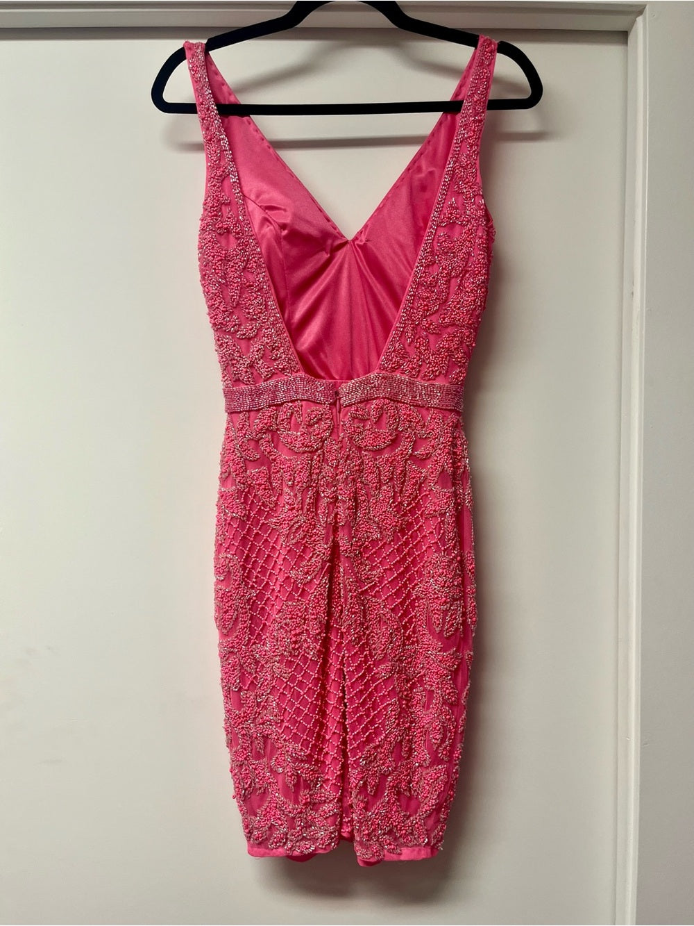 Statement Hot Pink Beaded Mini Dress Open Back, Crystal Lace, Bodycon - 0/S — closure seam and construction detail