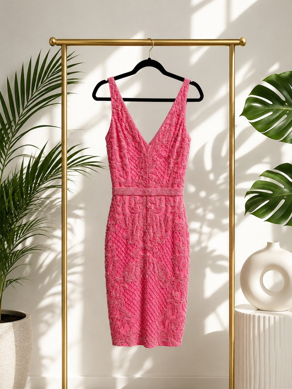 Statement Hot Pink Beaded Mini Dress Open Back, Crystal Lace, Bodycon - 0/S — fabric texture and material closeup