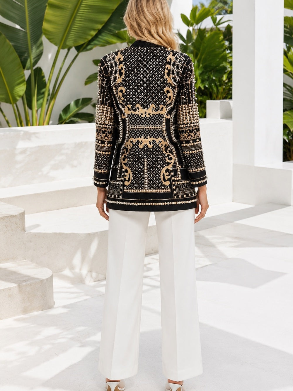 Statement Pearl & Gold Embellished Jacket – Baroque Beaded Blazer w Pockets — luxury accessory color and texture