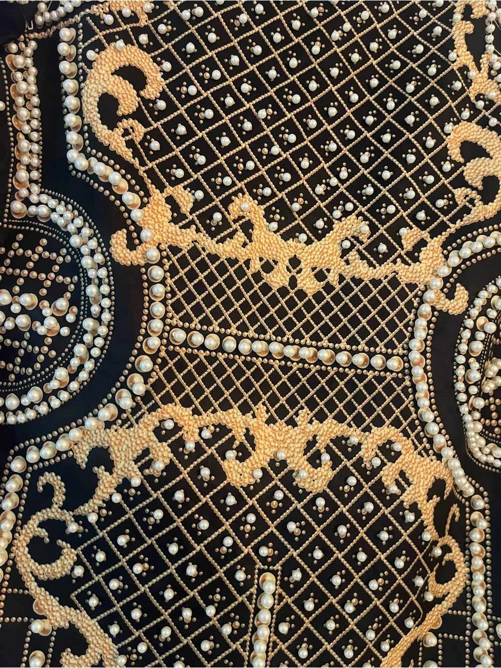 Statement Pearl & Gold Embellished Jacket – Baroque Beaded Blazer w Pockets — material finish and color detail