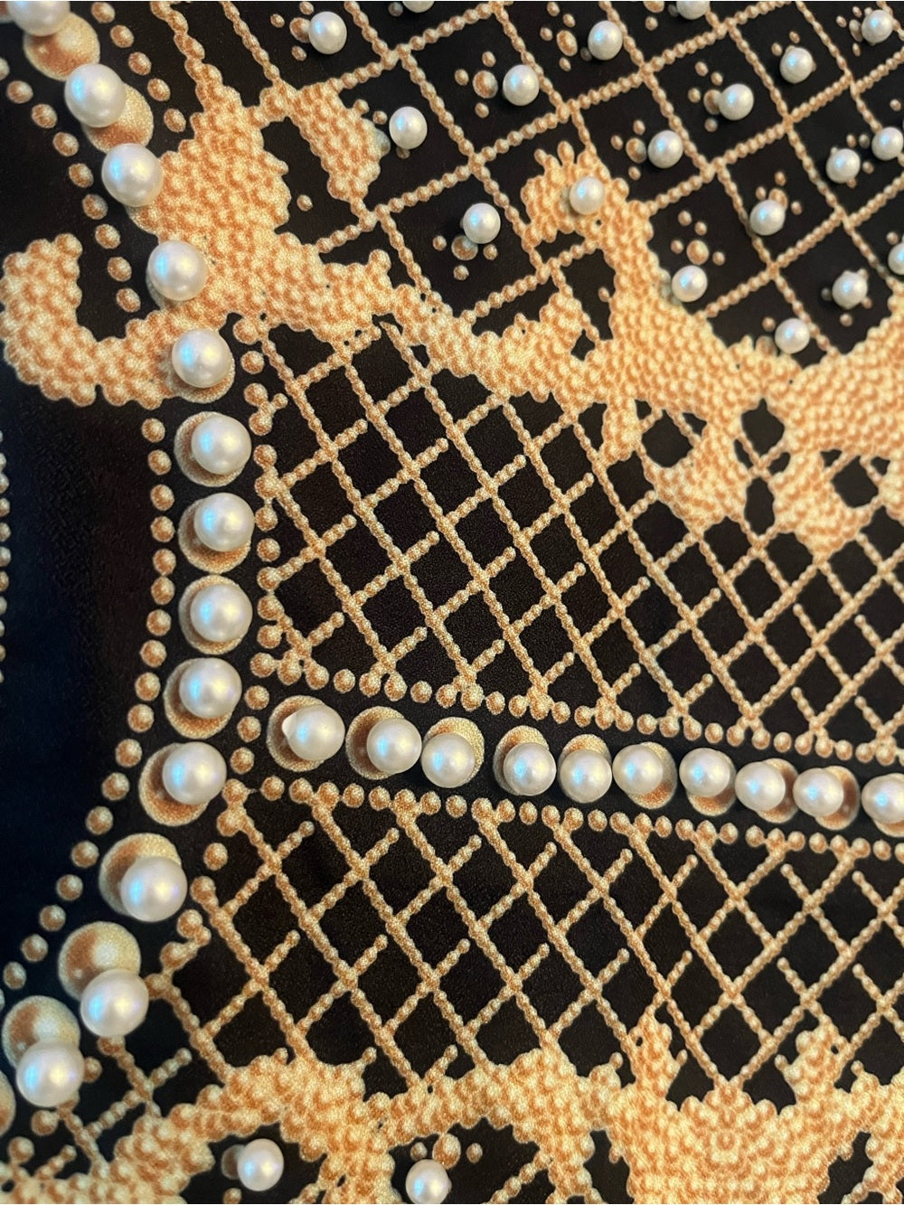 Statement Pearl & Gold Embellished Jacket – Baroque Beaded Blazer w Pockets — premium material texture closeup