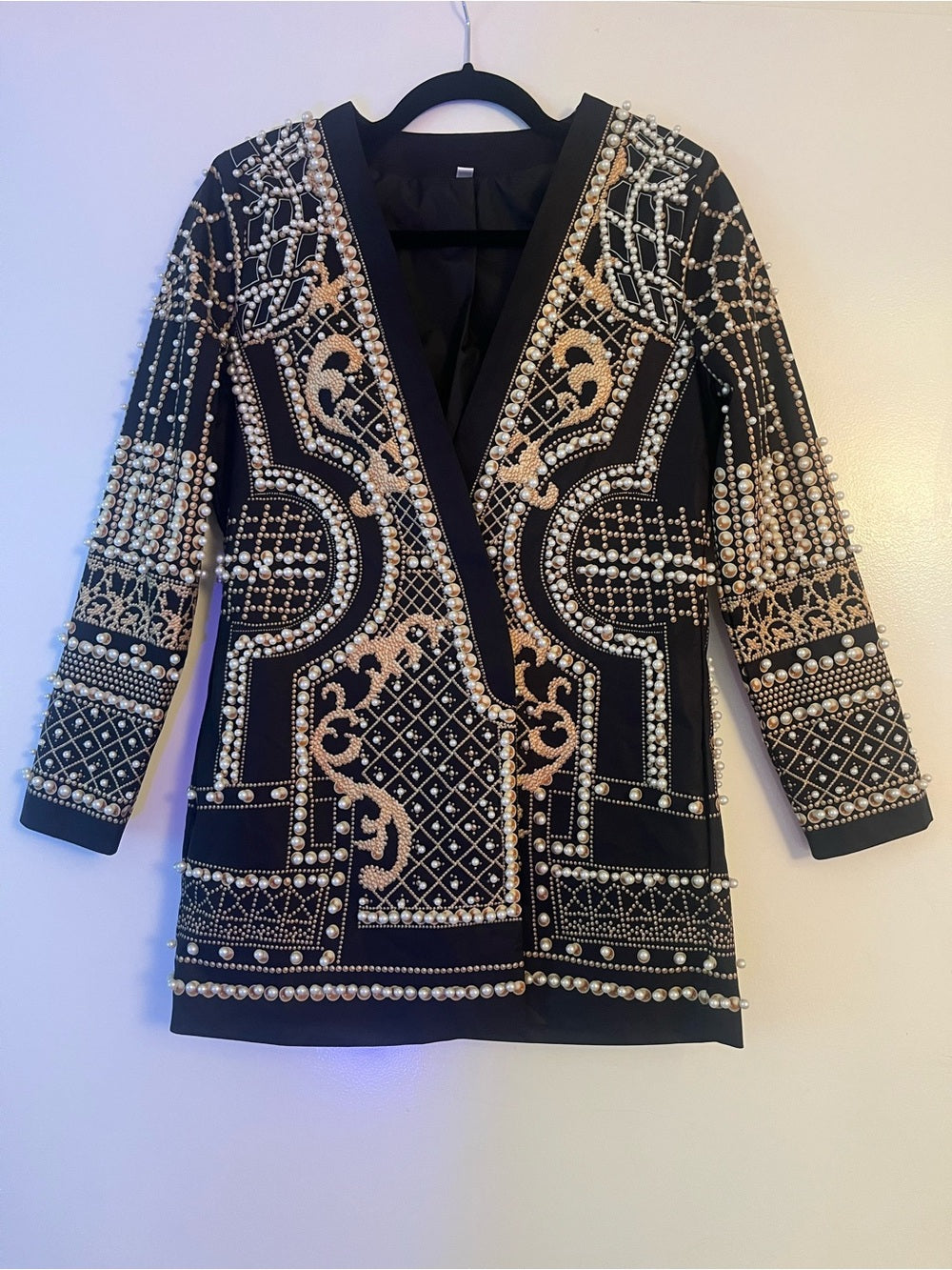 Statement Pearl & Gold Embellished Jacket – Baroque Beaded Blazer w Pockets — signature hardware and design detail