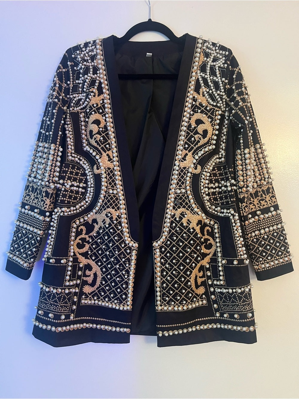 Statement Pearl & Gold Embellished Jacket – Baroque Beaded Blazer w Pockets — collectible accessory profile