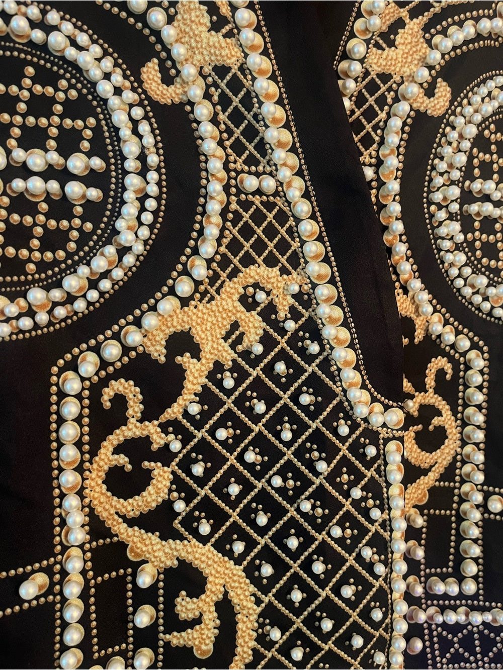 Statement Pearl & Gold Embellished Jacket – Baroque Beaded Blazer w Pockets — construction and craftsmanship closeup