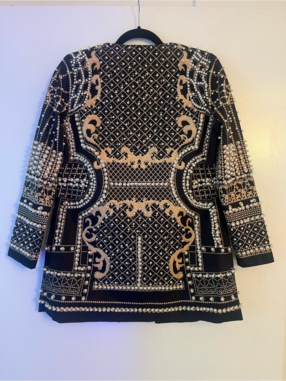 Statement Pearl & Gold Embellished Jacket – Baroque Beaded Blazer w Pockets — designer branding and logo closeup