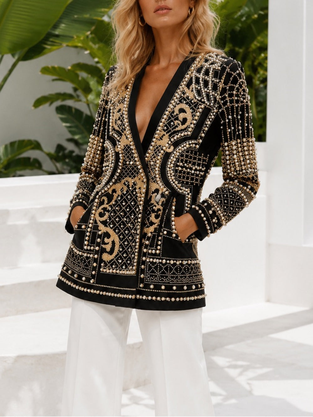 Statement Pearl & Gold Embellished Jacket – Baroque Beaded Blazer w Pockets — designer product silhouette and material (additional view 2)