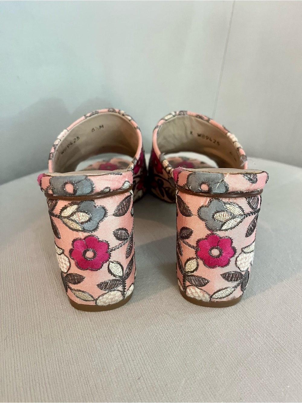 Stuart Weitzman Floral Embroidered Mule Heels, Pink Satin Slide Sandals Size 6.5 — ankle strap buckle and fastening