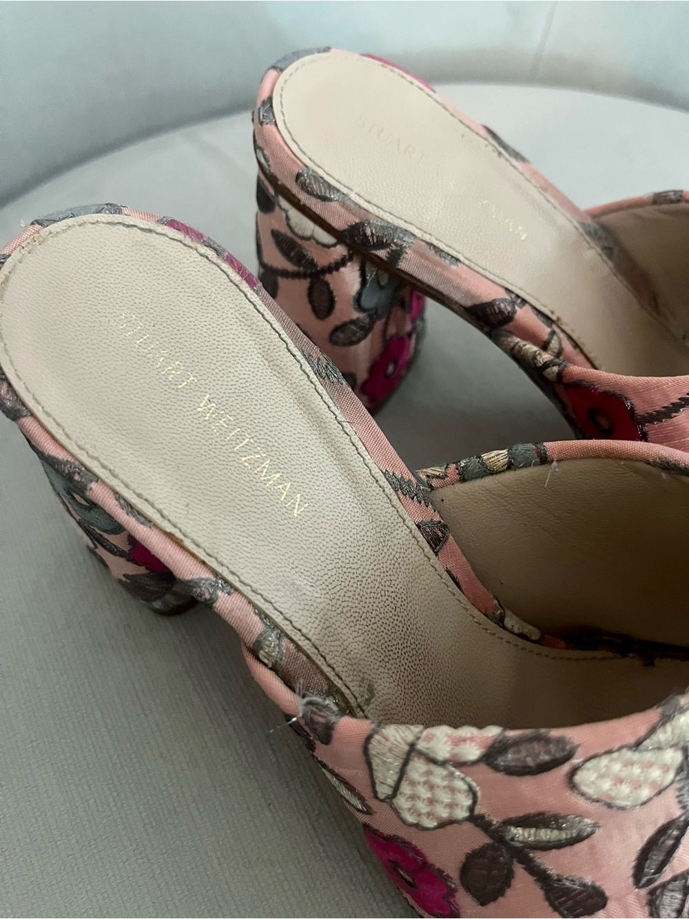Stuart Weitzman Floral Embroidered Mule Heels, Pink Satin Slide Sandals Size 6.5 — designer footwear material closeup