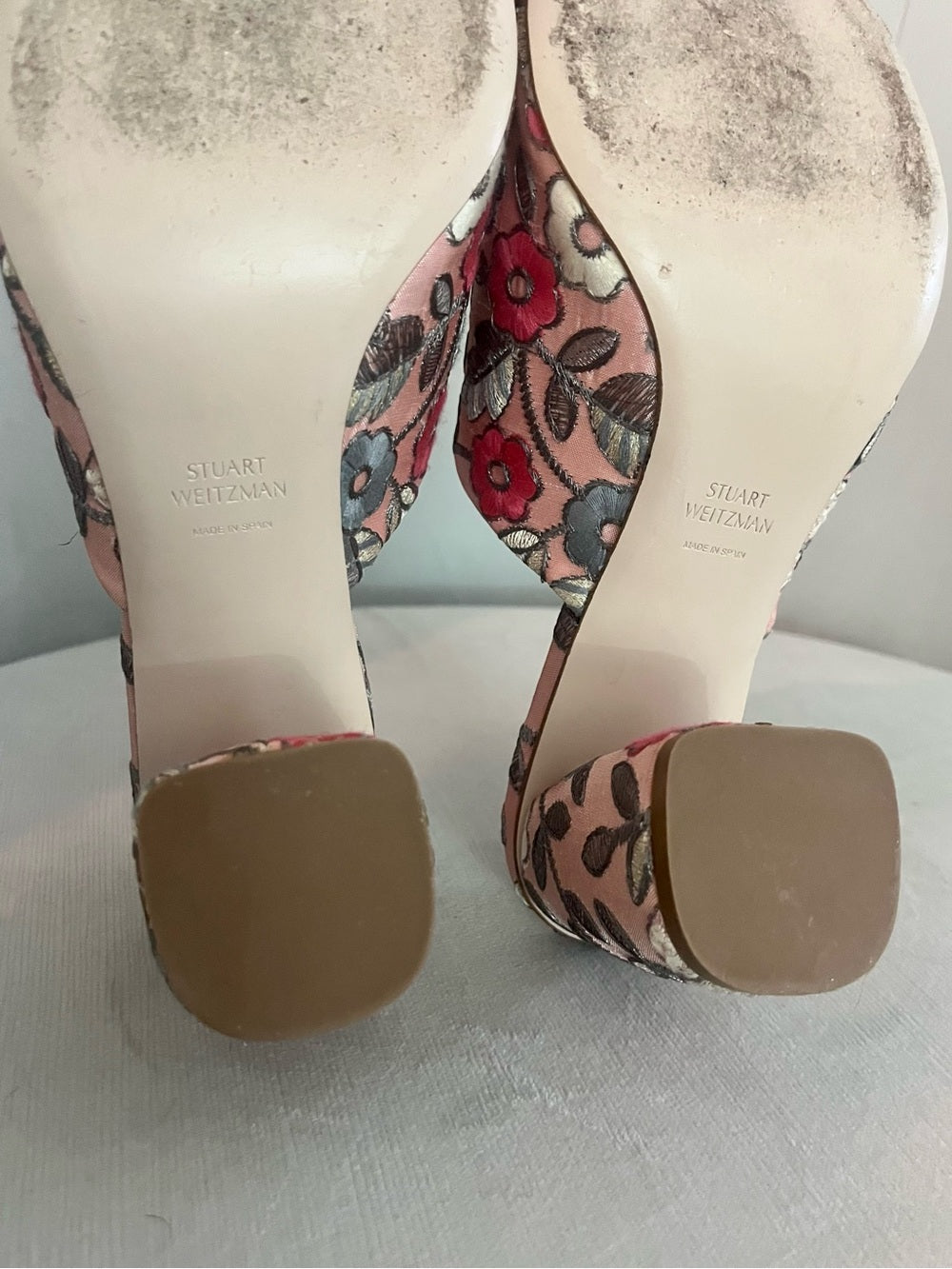 Stuart Weitzman Floral Embroidered Mule Heels, Pink Satin Slide Sandals Size 6.5 — designer shoe silhouette and heel shape (additional view 2)