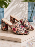 Stuart Weitzman Floral Embroidered Mule Heels, Pink Satin Slide Sandals Size 6.5 — designer shoe silhouette and heel shape