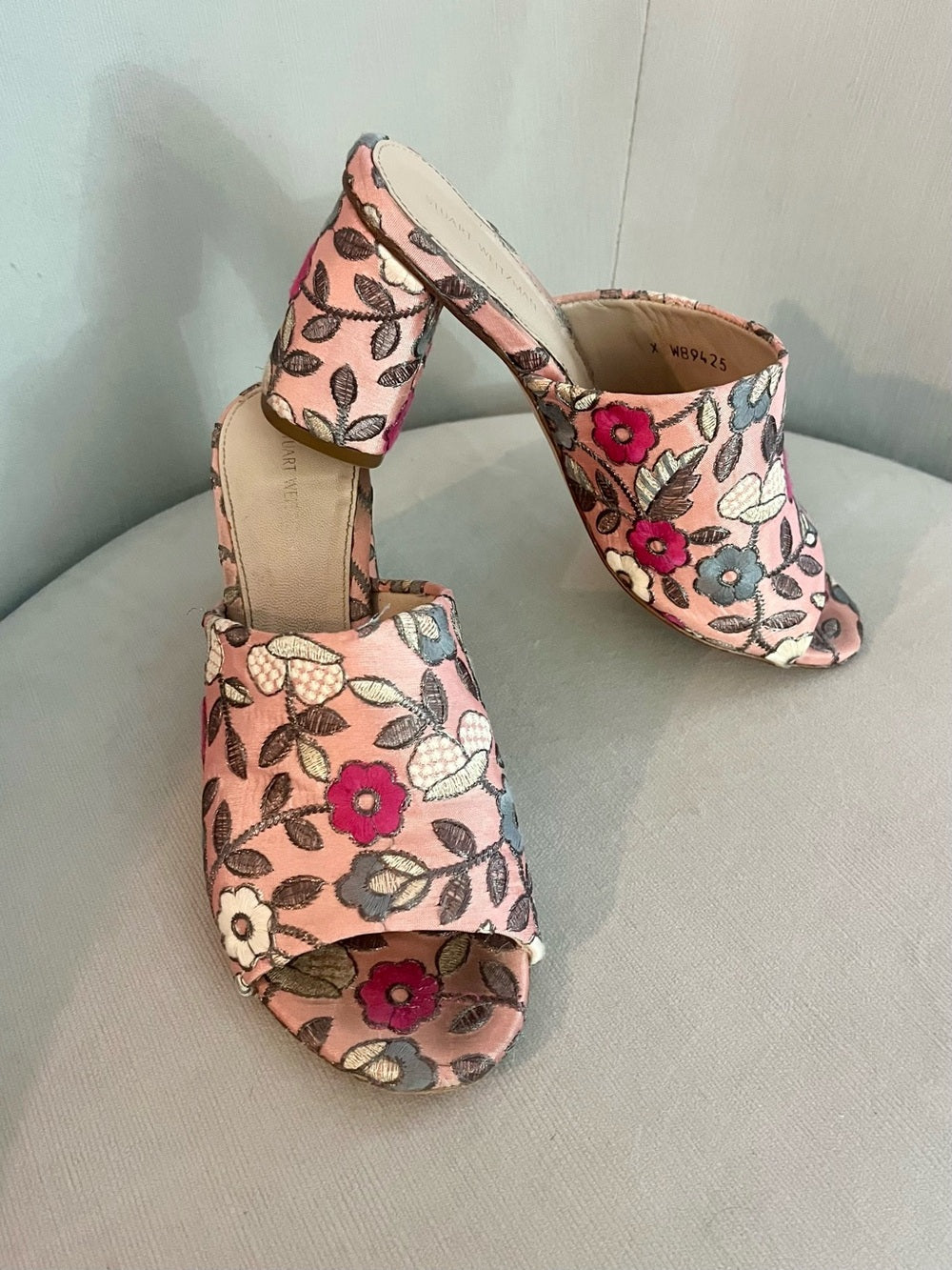 Stuart Weitzman Floral Embroidered Mule Heels, Pink Satin Slide Sandals Size 6.5 — designer insole branding and footbed