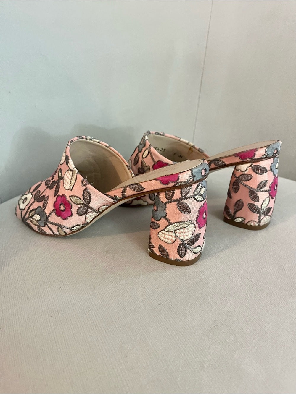 Stuart Weitzman Floral Embroidered Mule Heels, Pink Satin Slide Sandals Size 6.5 — embellished shoe crystal detail