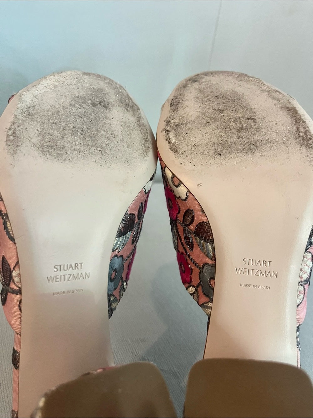 Stuart Weitzman Floral Embroidered Mule Heels, Pink Satin Slide Sandals Size 6.5 — heel tip and sole detail