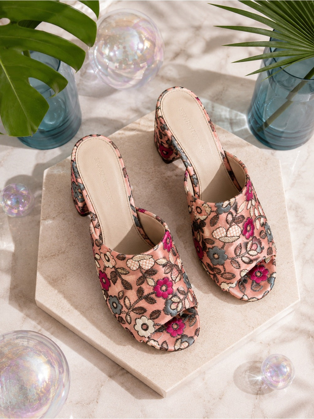 Stuart Weitzman Floral Embroidered Mule Heels, Pink Satin Slide Sandals Size 6.5 — luxury footwear upper material and texture