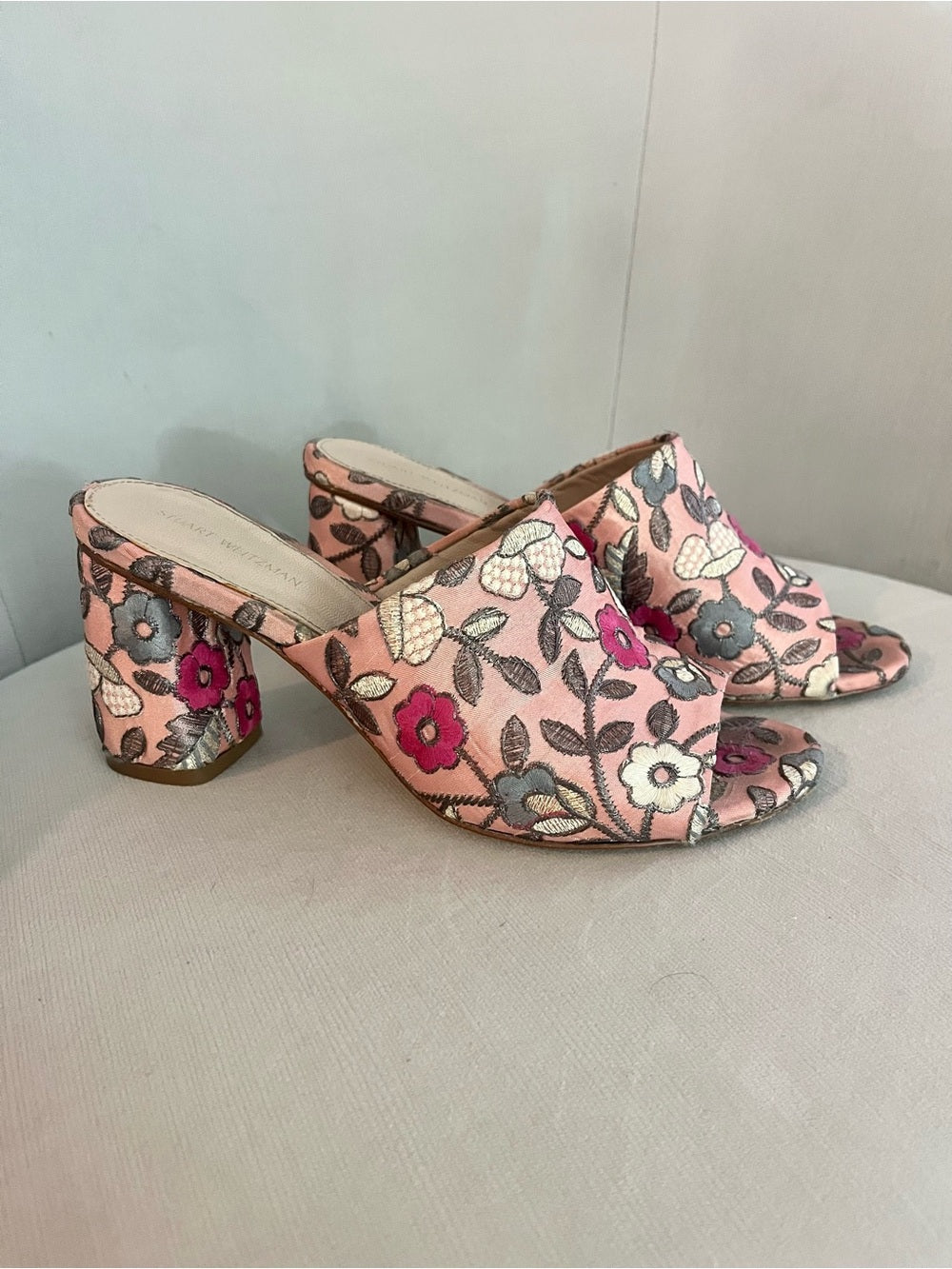 Stuart Weitzman Floral Embroidered Mule Heels, Pink Satin Slide Sandals Size 6.5 — high heel side profile and proportions
