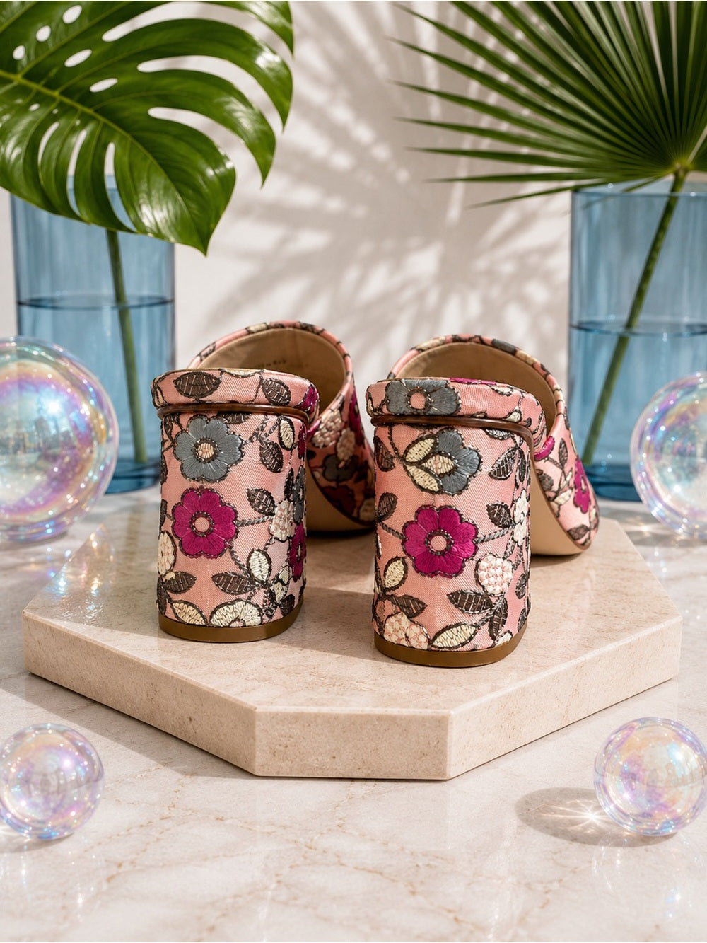 Stuart Weitzman Floral Embroidered Mule Heels, Pink Satin Slide Sandals Size 6.5 — statement heel profile and arch