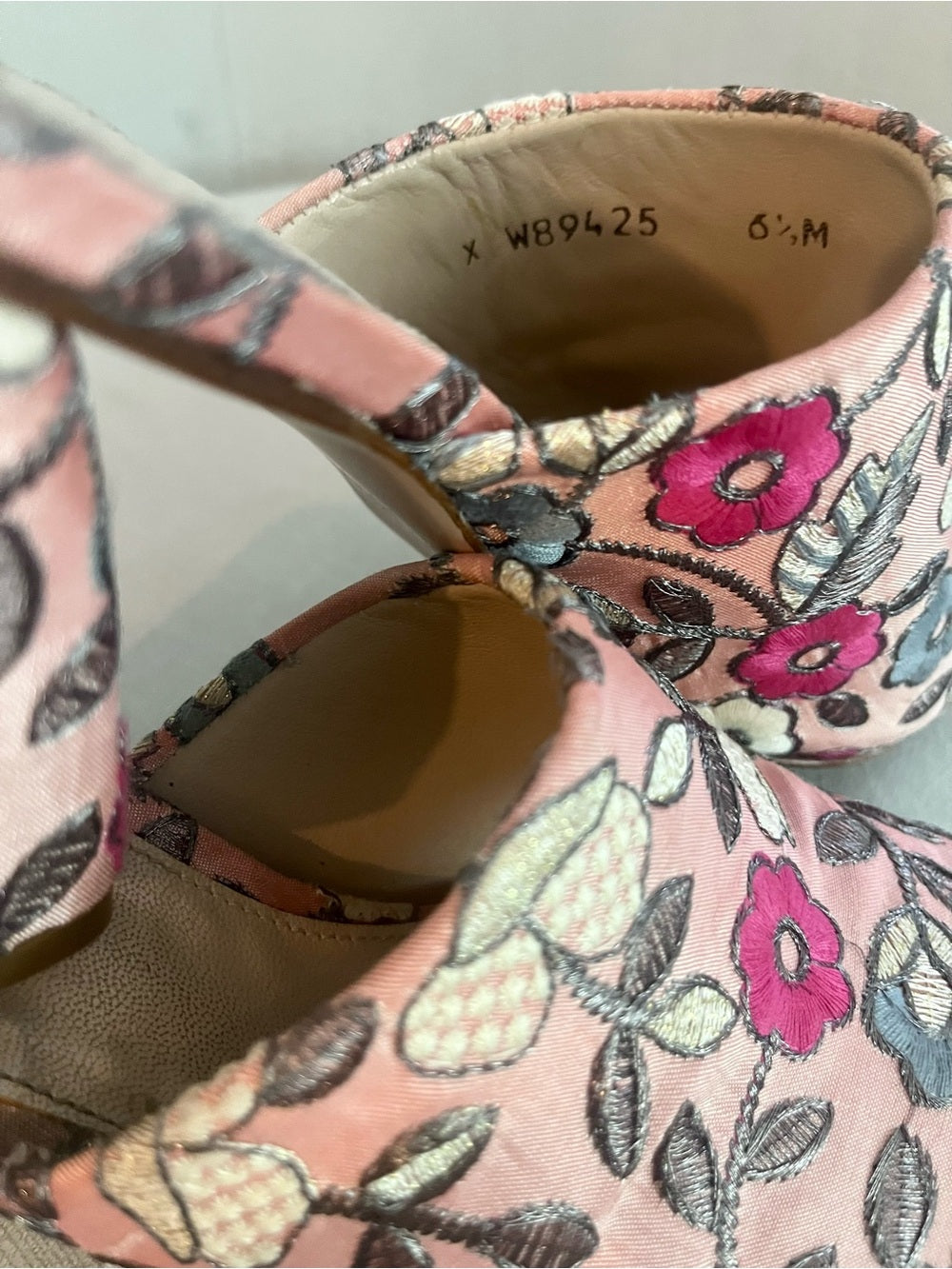 Stuart Weitzman Floral Embroidered Mule Heels, Pink Satin Slide Sandals Size 6.5 — statement shoe color and texture