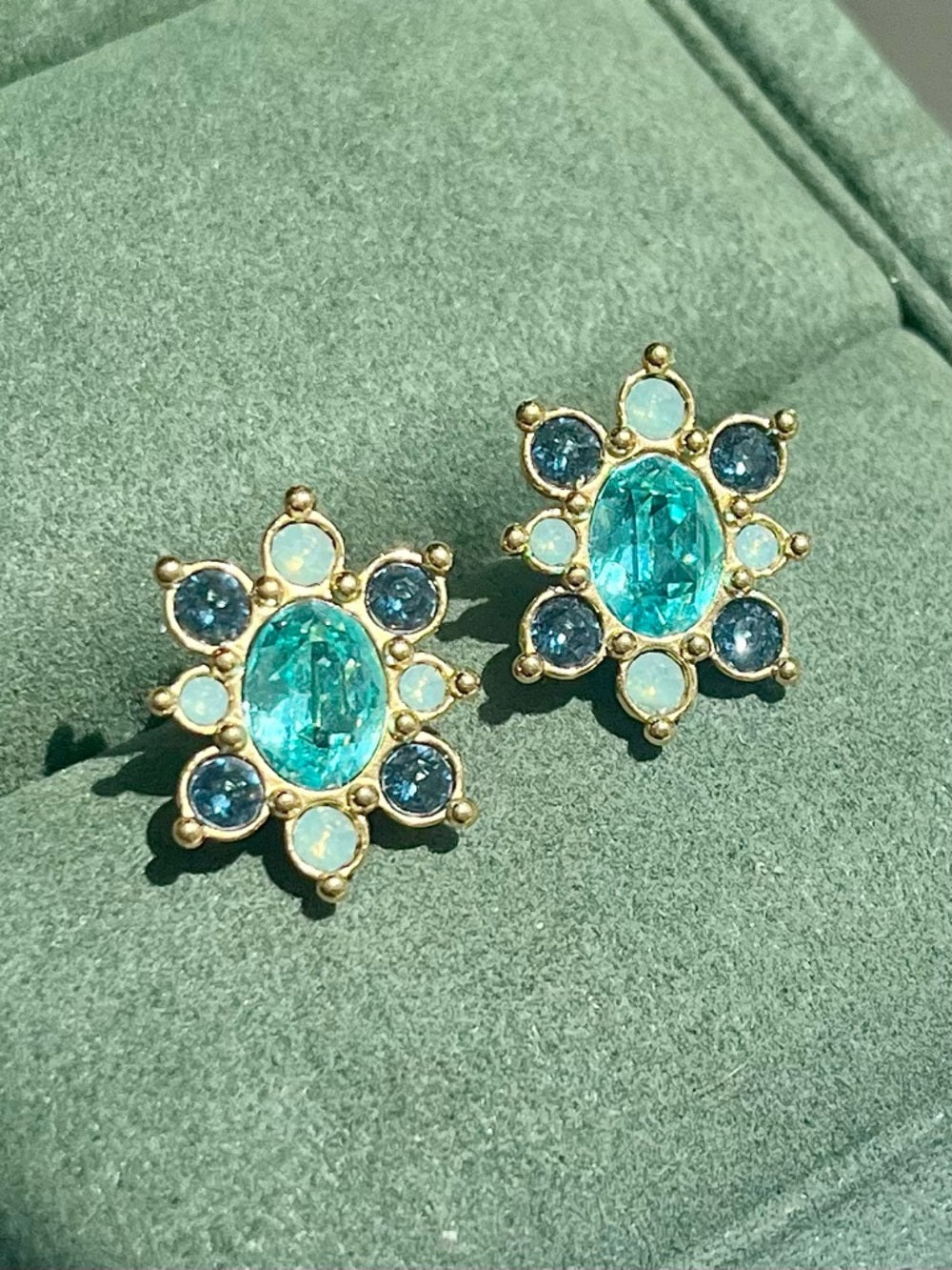 Swarovski Teal Crystal Flower Stud Earrings – Blue & Opal, Gold Tone Statement — multicolor crystal arrangement closeup