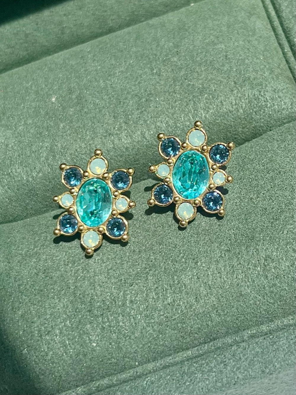 Swarovski Teal Crystal Flower Stud Earrings – Blue & Opal, Gold Tone Statement — jewelry back setting and fastening