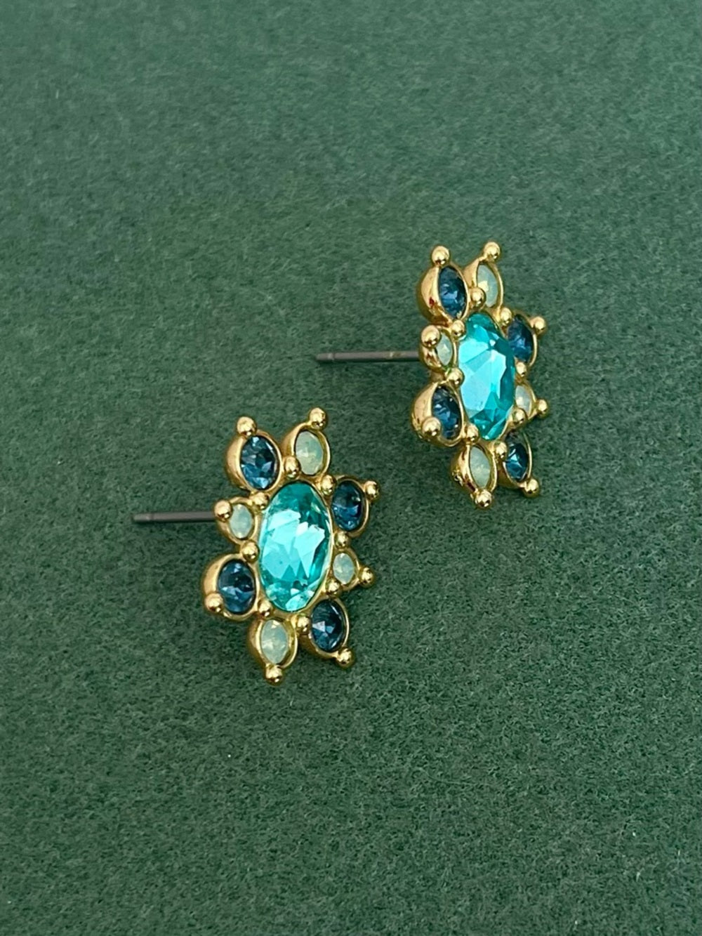 Swarovski Teal Crystal Flower Stud Earrings – Blue & Opal, Gold Tone Statement — gemstone cluster and metalwork detail