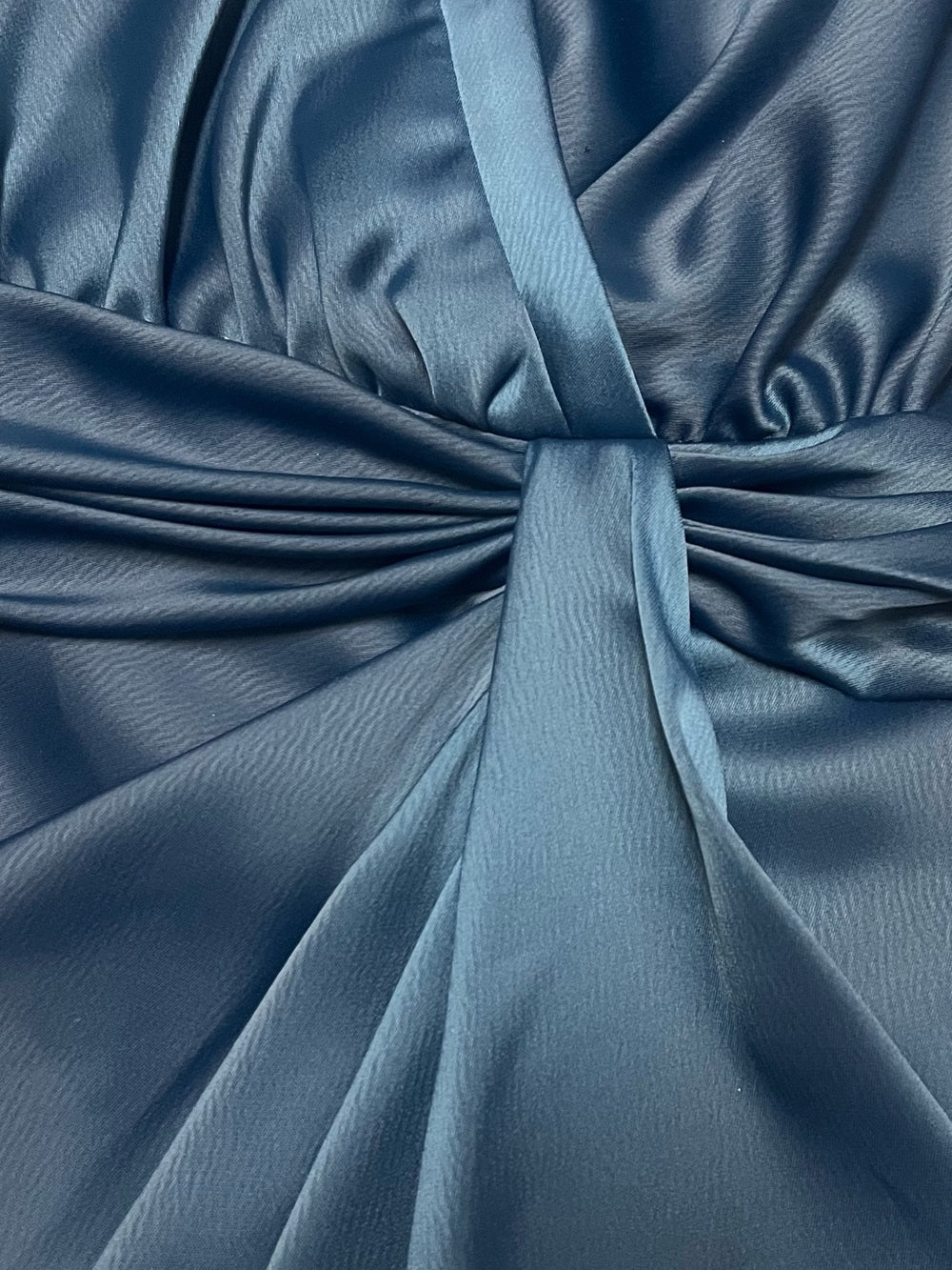 Theia Jodi Satin Wrap Shirtdress in Deep Teal Draped Waist Midi Dress - Size 0 — designer label and garment branding
