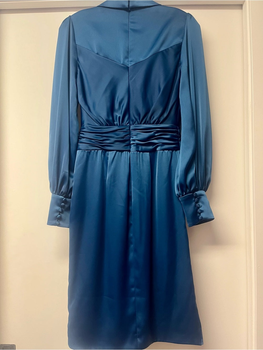 Theia Jodi Satin Wrap Shirtdress in Deep Teal Draped Waist Midi Dress - Size 0 — embellishment embroidery or print closeup