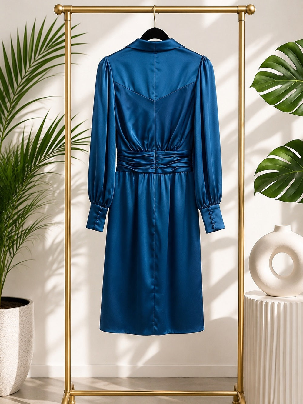 Theia Jodi Satin Wrap Shirtdress in Deep Teal Draped Waist Midi Dress - Size 0 — neckline bodice and shoulder detail