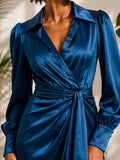 Theia Jodi Satin Wrap Shirtdress in Deep Teal Draped Waist Midi Dress - Size 0 — designer garment full silhouette and fit