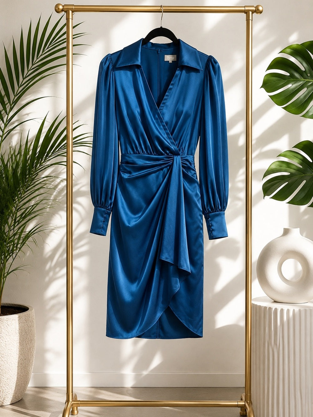 Theia Jodi Satin Wrap Shirtdress in Deep Teal Draped Waist Midi Dress - Size 0 — fabric texture and material closeup