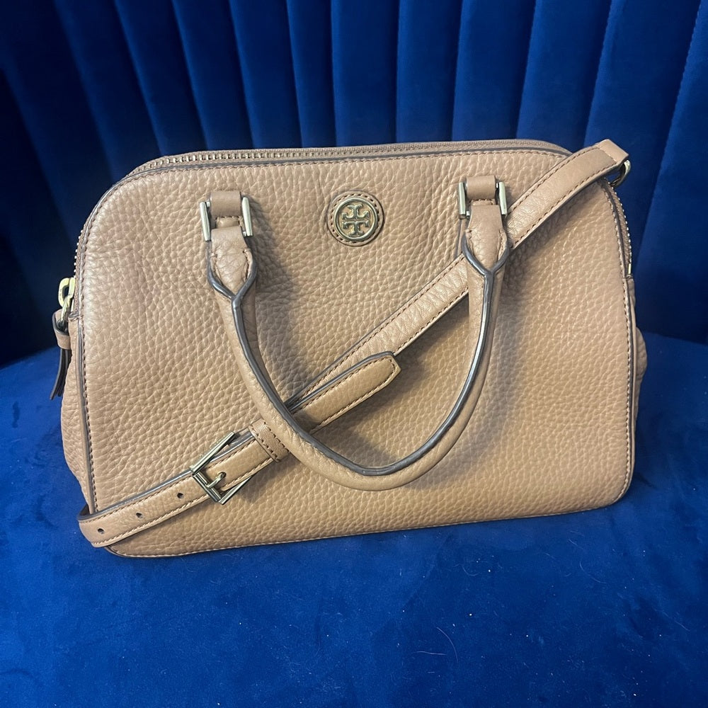 Tory Burch Tan Pebbled Leather Satchel with Shoulder Strap — removable strap and gold tone hardware