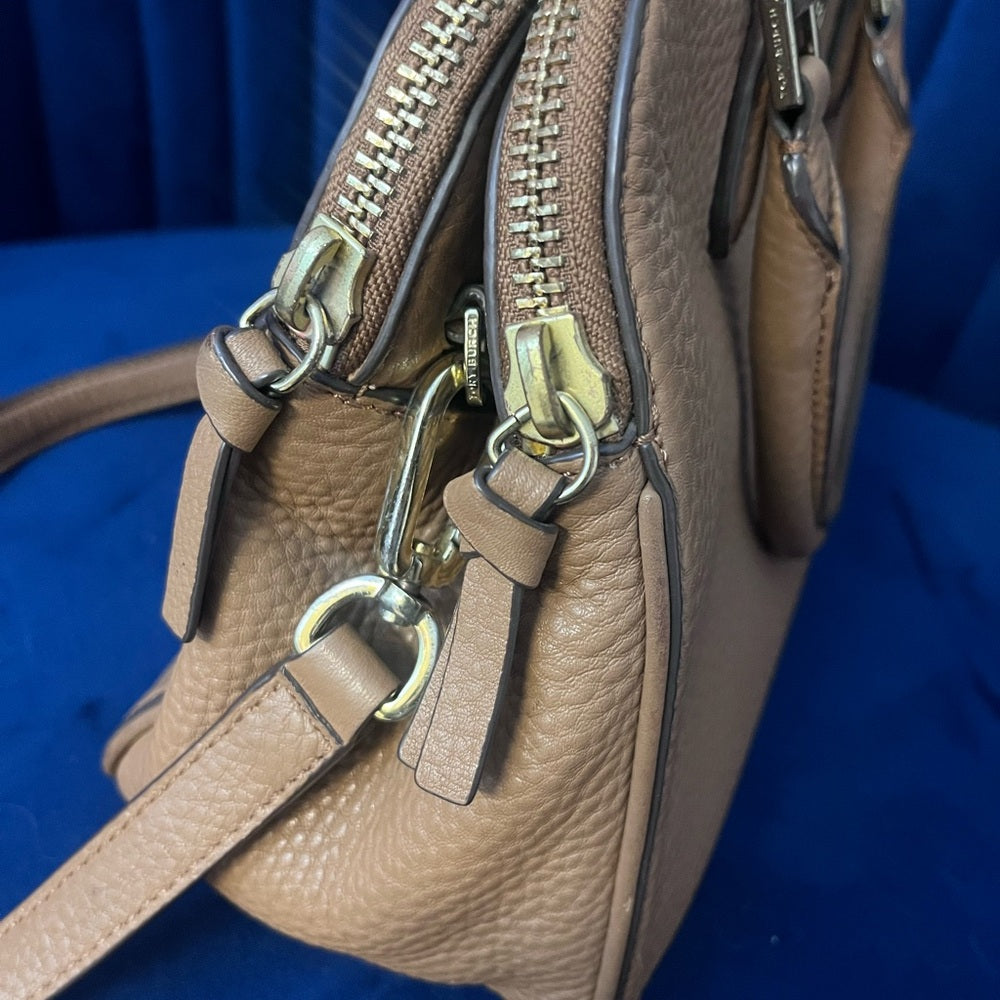 Tory Burch Tan Pebbled Leather Satchel with Shoulder Strap — structured purse profile and gusset