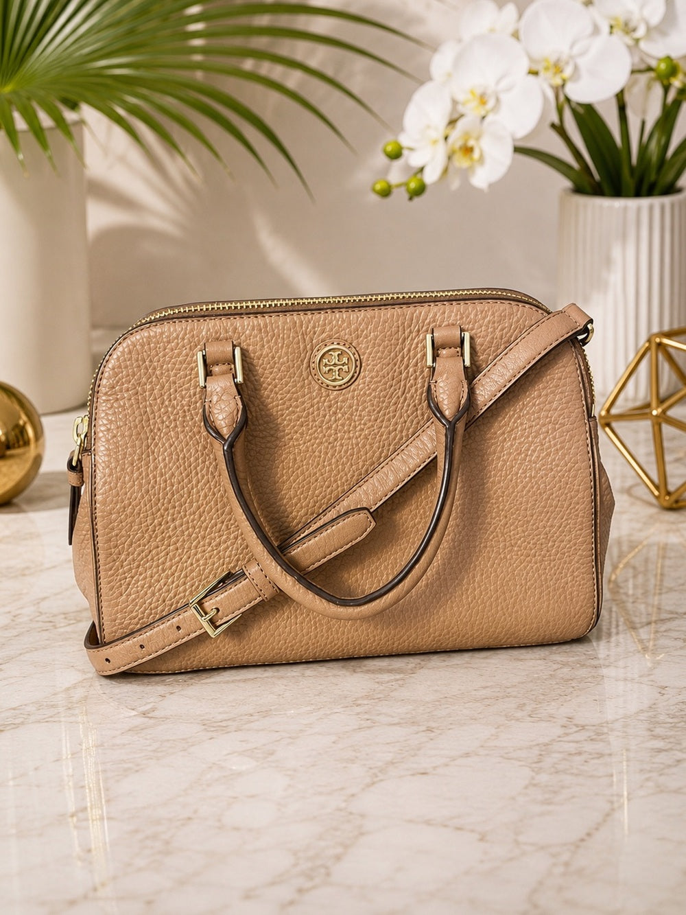 Tory Burch Tan Pebbled Leather Satchel with Shoulder Strap — designer exotic leather handbag silhouette