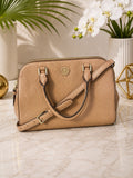 Tory Burch Tan Pebbled Leather Satchel with Shoulder Strap — designer exotic leather handbag silhouette
